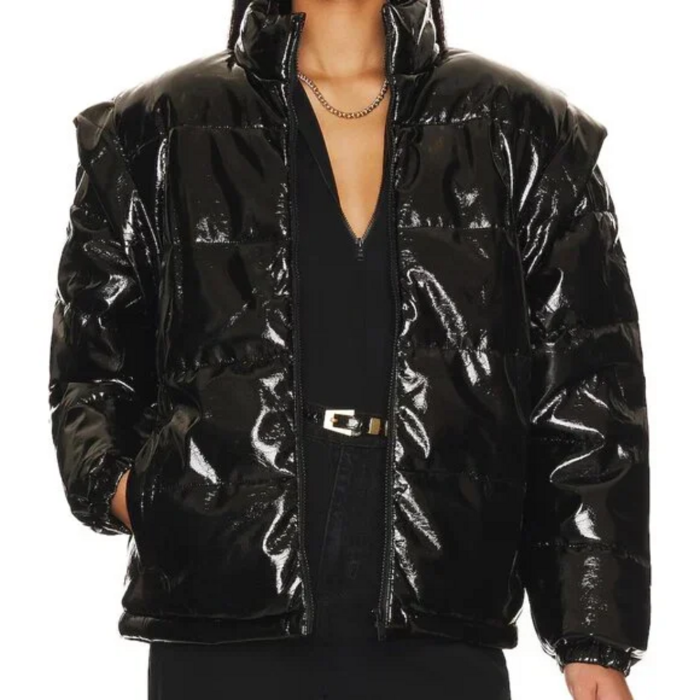 Weworewhat Faux Leather Snap Off Sleeve Puffer Jacket in Black